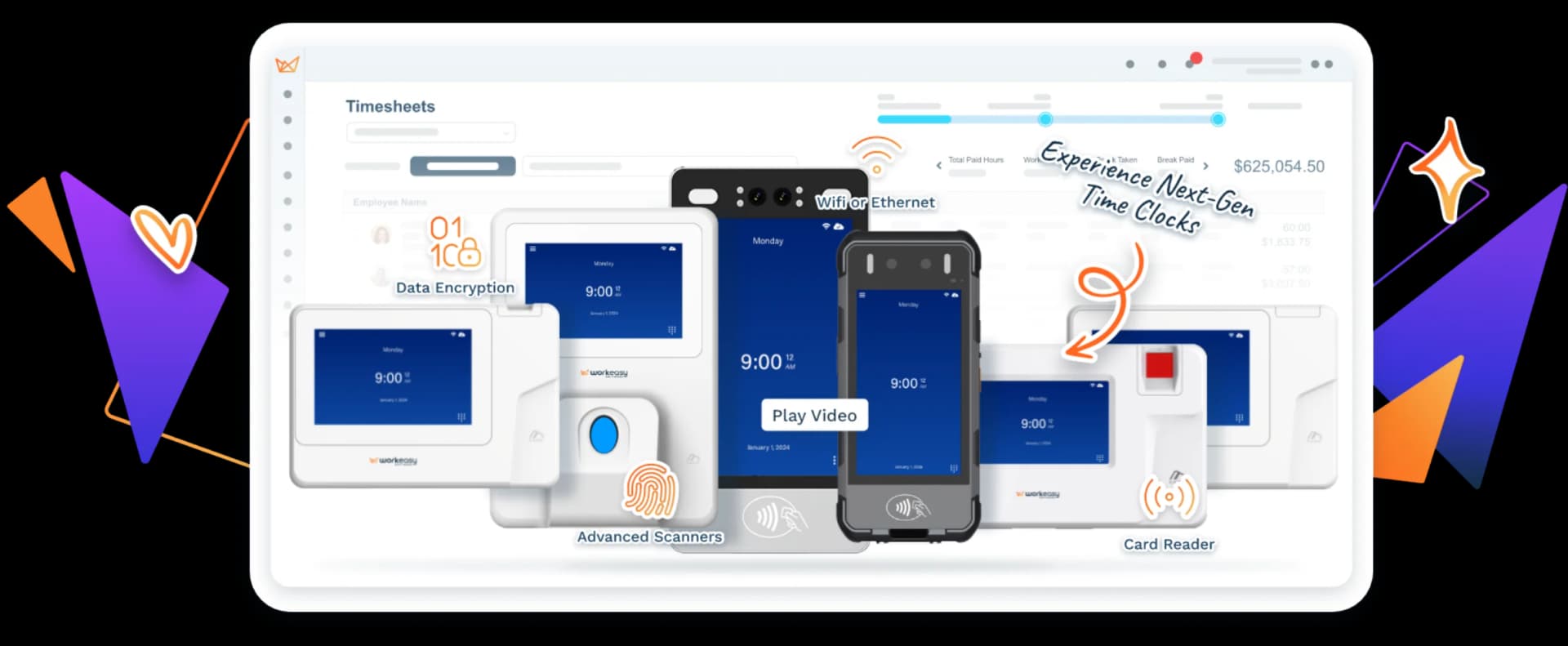 EasyClocking biometric time clock product family — fingerprint scanners, facial recognition terminals, card readers, mobile app, and timesheets dashboard