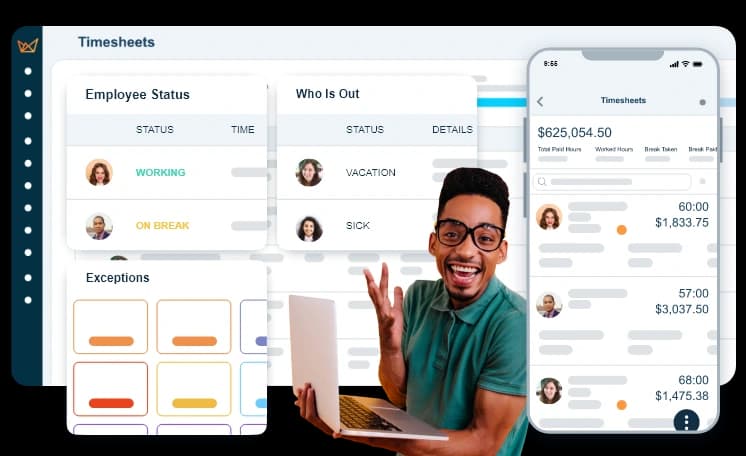 EasyClocking time and attendance software — real-time timesheets dashboard, mobile app, approaching overtime alerts