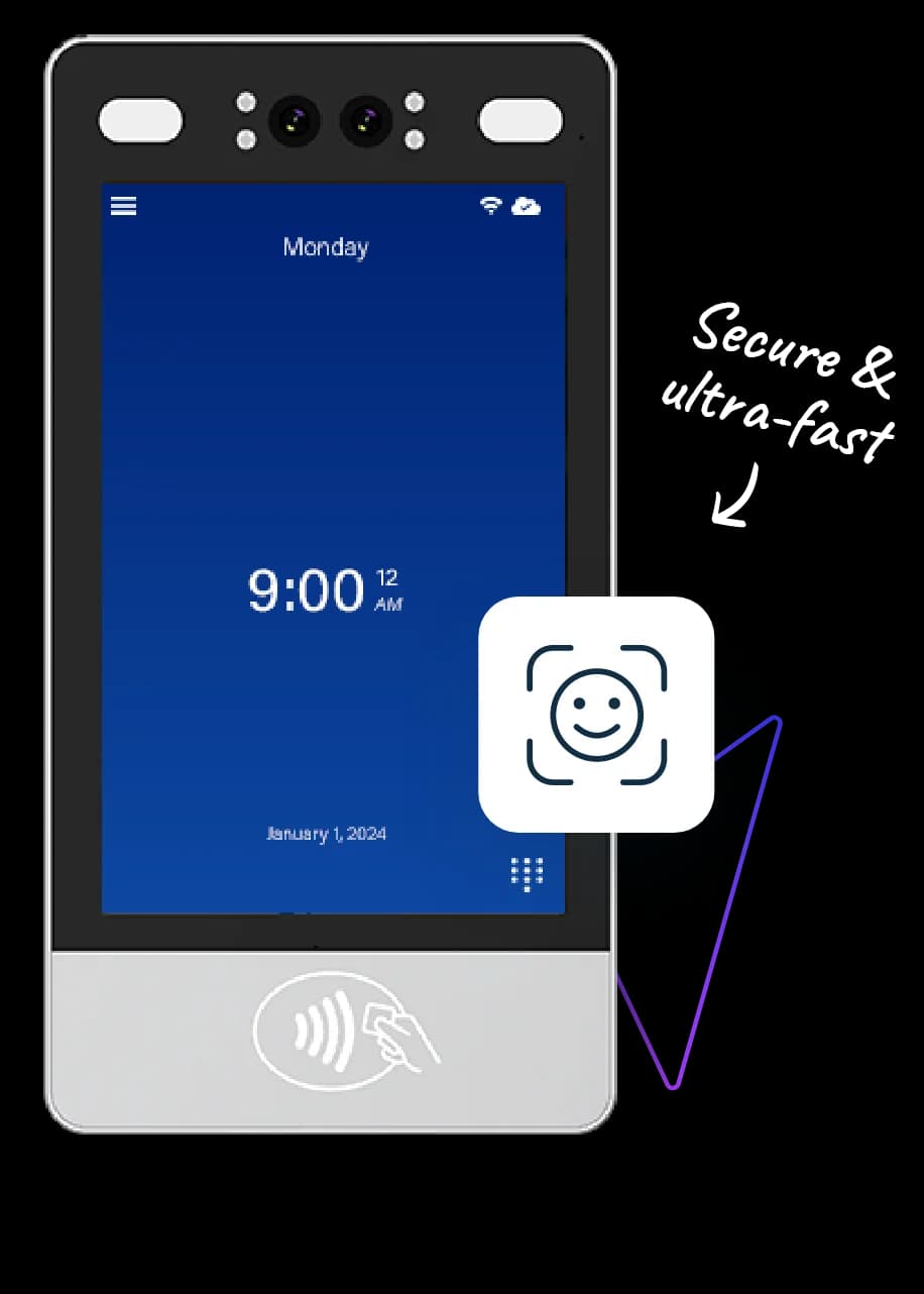 EasyClocking F1000 touchless facial recognition time clock with anti-spoofing technology, wall-mounted biometric terminal
