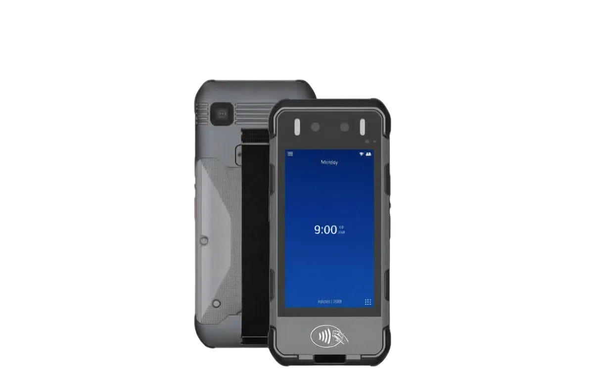 EasyClocking M2000 portable mobile time clock with detailed feature callouts: facial camera, Android 12, 10000mAh battery, 5.5-inch display, LTE and WiFi, MiFare NFC card reader