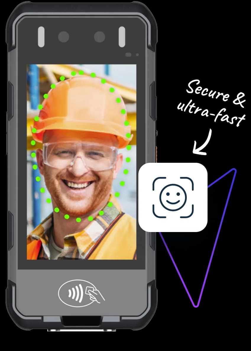 EasyClocking M2000 rugged mobile time clock scanning a construction worker on a job site