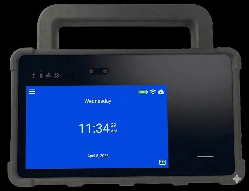 EasyClocking P3000 rugged portable biometric time clock with facial and palm recognition, LTE connectivity, and all-day battery, built for job sites